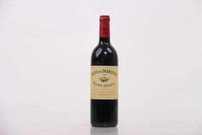 a bottle of red wine sitting on top of a white table