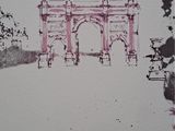 a drawing of a building with birds on top of it