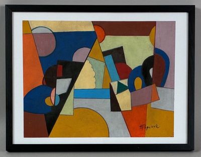 peinture abstraite composée de formes et de couleurs variées, dans un cadre noir