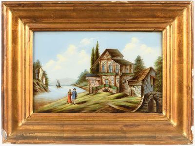 une image représentant un tableau où l'on voit un couple et un bateau sur un lac