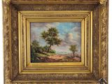 a painting of a landscape with trees and clouds