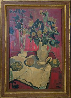 une peinture de fleurs dans un vase sur une table