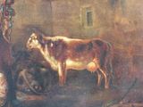 a painting of a cow and a dog in a barn
