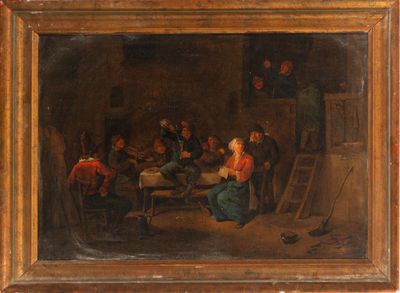 an oil painting of a group of people sitting around a table