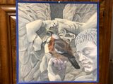 a painting of a bird sitting on top of a statue