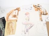 many drawings of a woman sitting on a chair