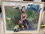 un tableau représentant une femme assise par terre avec un parapluie