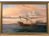 an oil painting of a sailboat in the ocean with clouds in the background