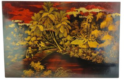 une image représentant un tableau représentant un paysage tropical avec des palmiers