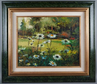 an oil painting of daisies in a field with trees in the background