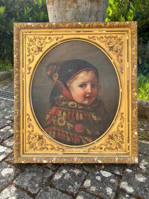 un tableau représentant un bébé coiffé d'une coiffe rouge, assis par terre