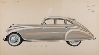 un vieux dessin représentant une voiture argentée sur fond beige