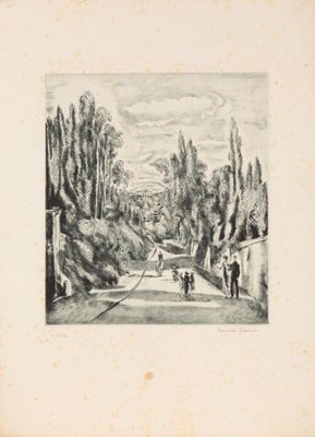 un vieux dessin représentant un homme qui descend une route à vélo