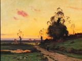 an image of a painting of a person walking down a dirt road
