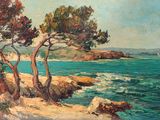 an oil painting of a beach scene with trees on the shore