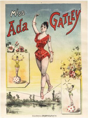 une vieille affiche annonçant un spectacle de cirque mettant en scène une femme faisant l'équilibre sur une corde raide