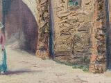 an oil painting of a woman in a blue dress and a white hat standing in front of a stone building