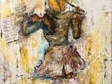 une peinture à l'huile représentant une femme en robe marron tenant un parapluie bleu