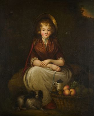 un tableau représentant une jeune fille avec un panier de fruits et un chien
