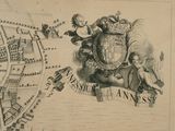 an old map of a town with a coat of arms on it