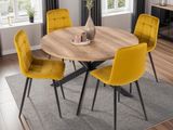 une table à manger avec des chaises jaunes et un vase posé dessus