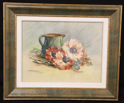 painting of a vase and flowers on a table with a black background