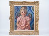painting of a little girl in a pink dress sitting in front of a blue and white background