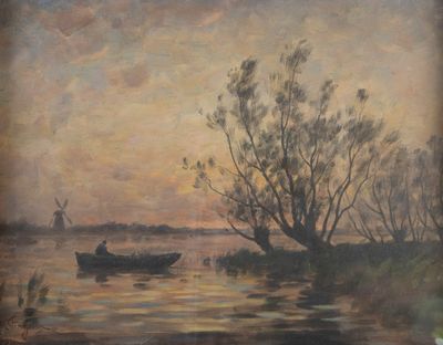 une peinture représentant un homme dans un bateau sur l'eau