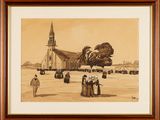painting of a group of people standing in front of a church