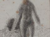 une image représentant un dessin d'une personne avec un chien sur un lit