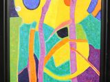painting of a colorful abstract painting with a black frame hanging on a wall
