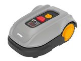 a gray and orange robotic lawn mower on a white background