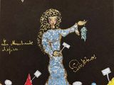 un tableau représentant une femme en robe bleue debout devant une table couverte de condiments