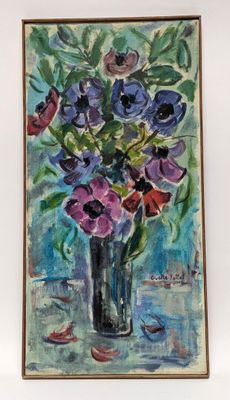 a painting of flowers in a vase on a table