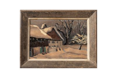 une image représentant un tableau représentant un paysage enneigé avec un oiseau volant au-dessus d'une maison