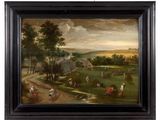 an oil painting of a landscape with people and animals in the foreground