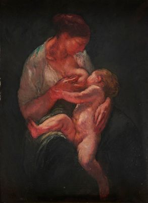 une image représentant un tableau où l'on voit un homme tenant un bébé dans ses bras