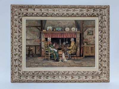 a picture of a painting of a family sitting in front of a fire place