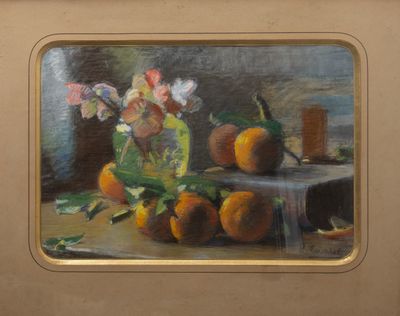 une peinture représentant un vase de fleurs et de fruits sur une table