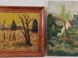deux tableaux représentant une maison et un arbre dans un champ