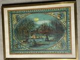 tableau encadré représentant un pont au-dessus d'un plan d'eau
