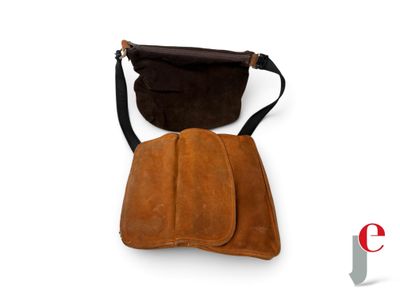 brown leather purse on white background with red and black logo