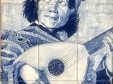 fresque en carreaux bleus et blancs représentant une femme jouant de la guitare
