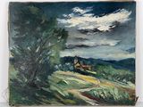 une peinture à l'huile d'un paysage avec une maison au loin