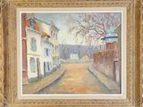 une peinture à l'huile représentant une scène de rue avec une personne marchant dans la rue