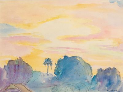 une aquarelle représentant une maison au milieu d'un champ