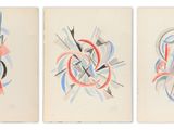 three paintings of different shapes and sizes on a white background