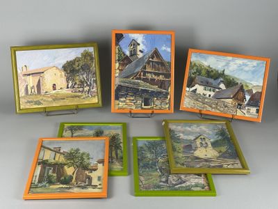 Plusieurs tableaux représentant une scène de vie à la ferme sont exposés sur une table