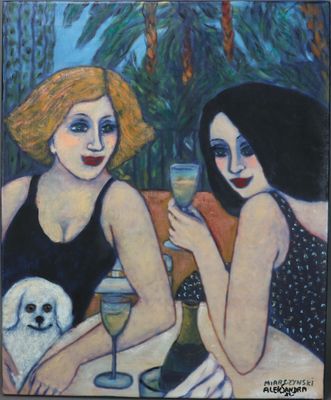tableau représentant deux femmes assises à une table, en compagnie d'un chien et d'un verre de vin