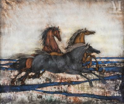 tableau représentant deux chevaux au galop dans un champ, avec le ciel en arrière-plan